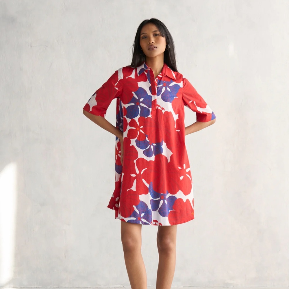 Nicobar organic cotton Red Floral Collared Shift Dress with pockets